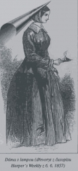 Dáma s lampou (dřevoryt z časopisu Harper's Weekly z 6.6.1857)